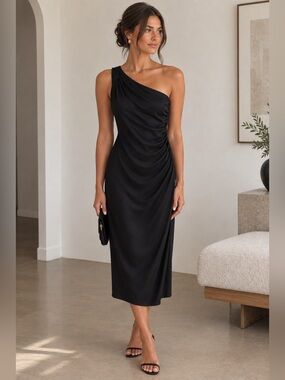 H&M One-Shoulder Black Draped Women’s Dress